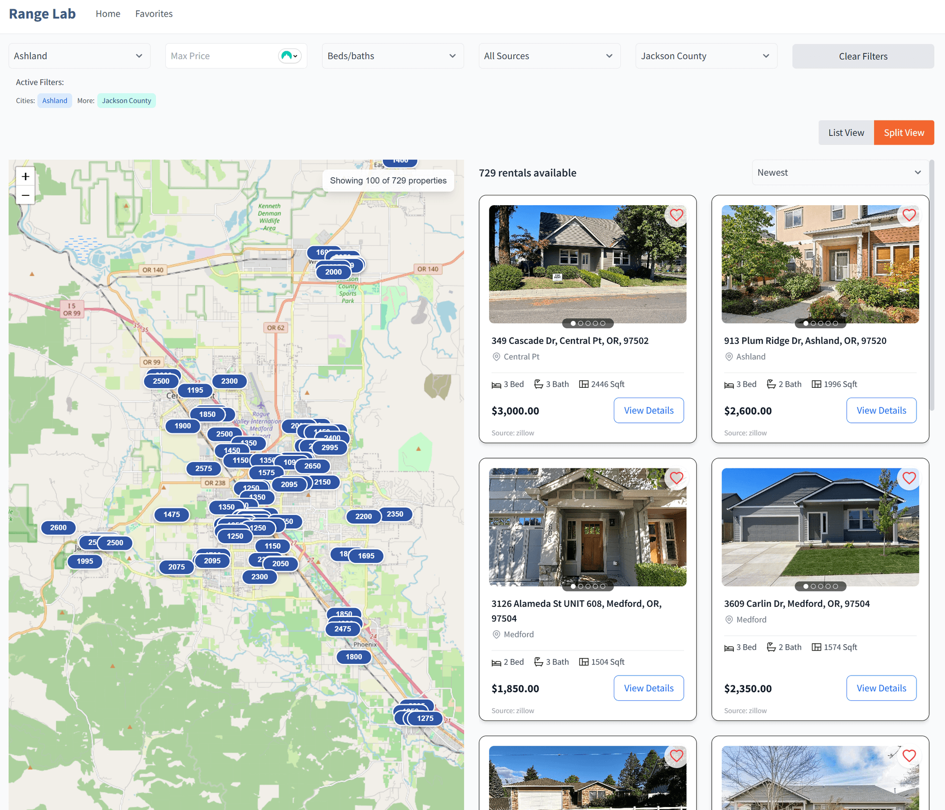 Screenshot of Range Lab's Rental Search Tool interface showing a modern, user-friendly dashboard for housing agencies to search and manage rental listings